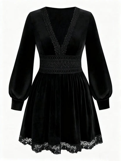 Velvet Lace Patchwork Lantern Sleeve Long Dress