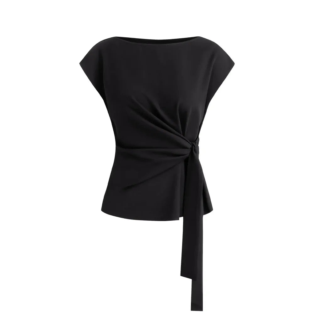Womens Tops  Cap Sleeve Crew Neck Tie Waist Blouses