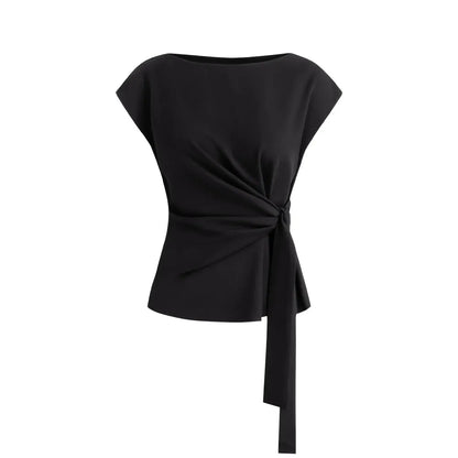 Womens Tops  Cap Sleeve Crew Neck Tie Waist Blouses