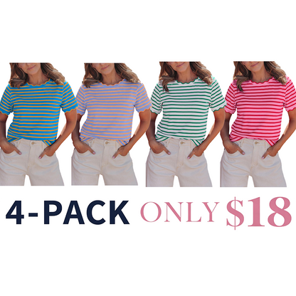 Women's Top Stripe Scalloped Trim Round Neck T Shirt