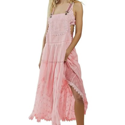 Laced Embroidered Tulle Bib Dress Casual Loose