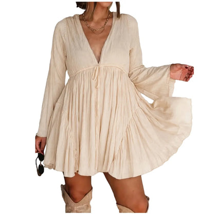 Women's V Neck Long Sleeve Mini Dress