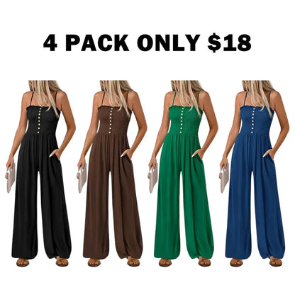 Jumpsuits for Women Summer Sleeveless Smocked Button Wide Leg Rompers