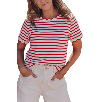 Women's Top Stripe Scalloped Trim Round Neck T Shirt