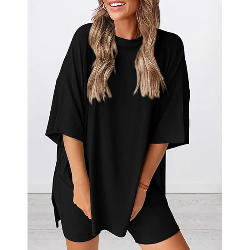 Women's two-piece set: slit-hem shirt paired with shorts