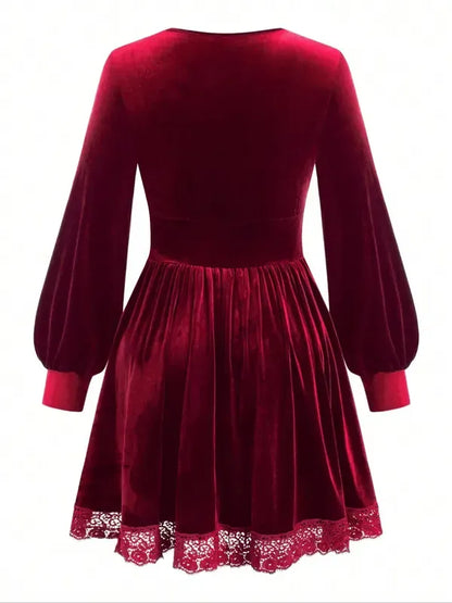 Velvet Lace Patchwork Lantern Sleeve Long Dress