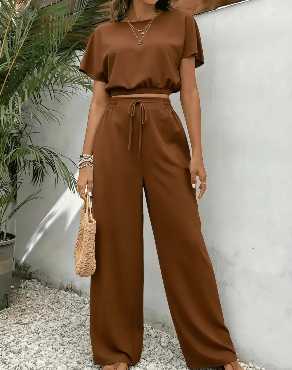 Women's Solid Color Top & Wide Leg Pants Two-piece