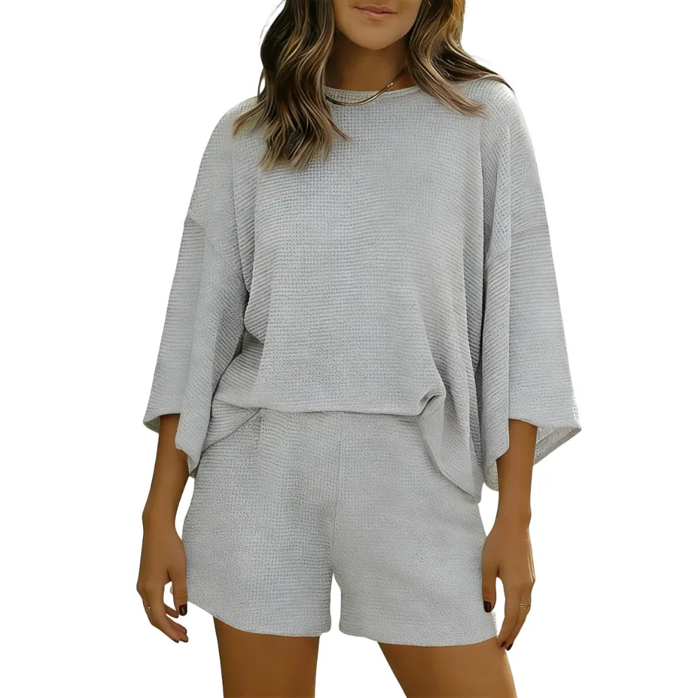 Womens Short Sets 2 Piece Sleeve Tops and Elastic Waist Shorts
