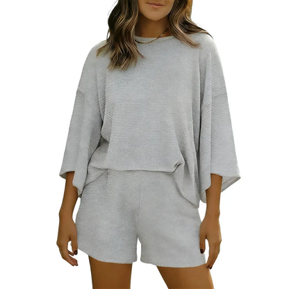 Womens Short Sets 2 Piece Sleeve Tops and Elastic Waist Shorts