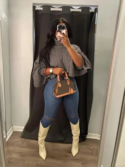 Women's Textured Split Sleeve Turtle Neck Cropped Sweater