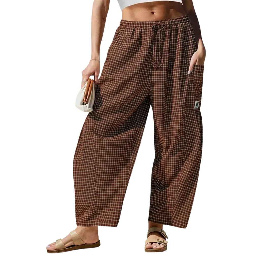 Womens Wide Leg Gingham Striped Plaid Pants