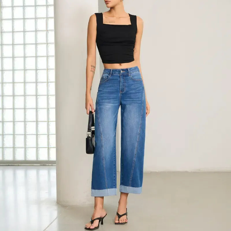 Women's High Waisted Wide Leg Cropped Denim Jeans