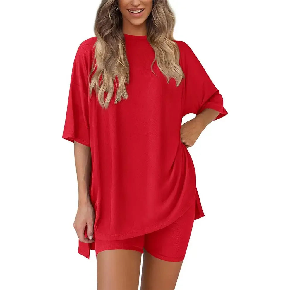 Women's two-piece set: slit-hem shirt paired with shorts