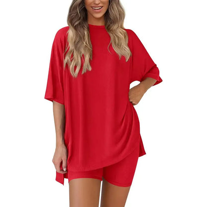 Women's two-piece set: slit-hem shirt paired with shorts