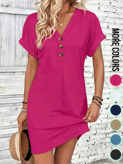 Women's Plain Button V Neck Tee Dress
