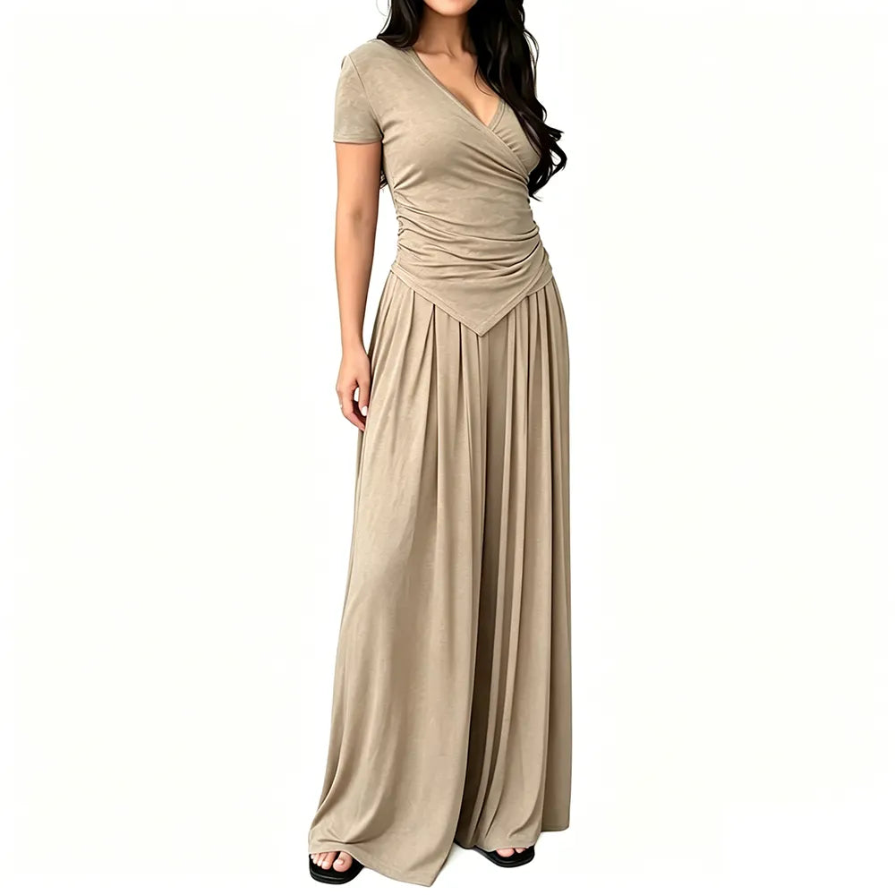 V Neck Wrap Top & High Waist Wide Leg Pants Set