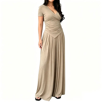 V Neck Wrap Top & High Waist Wide Leg Pants Set