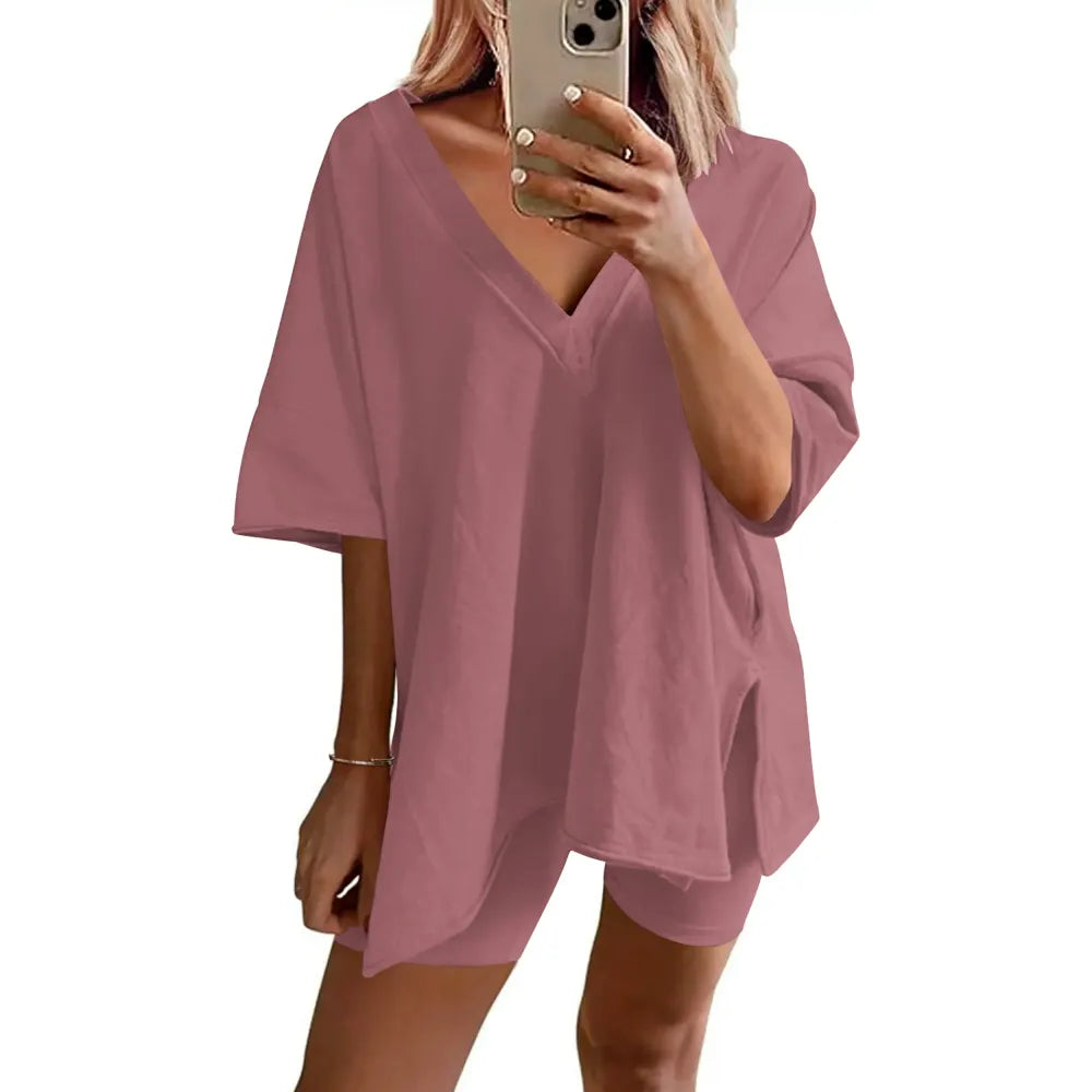 Women's Two-Piece Pajama Set Casual Oversized V Neck Split Hem Shirts