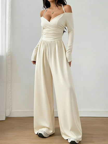 Women's Solid Color Off-Shoulder Ruched Wide Leg Casual Jumpsuit