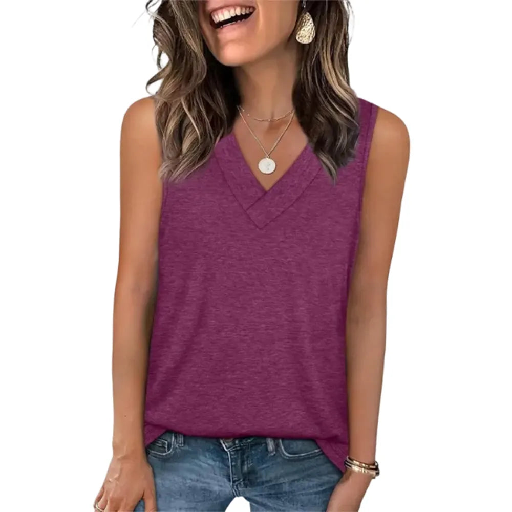 Women's Summer V-Neck Tank Top – Loose Fit, Sleeveless, Basic Tee