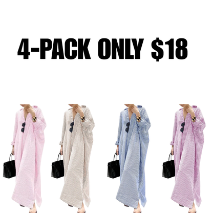 Women's Casual Long Sleeve Button Down Loose Striped Cotton Maxi Shirt Dress