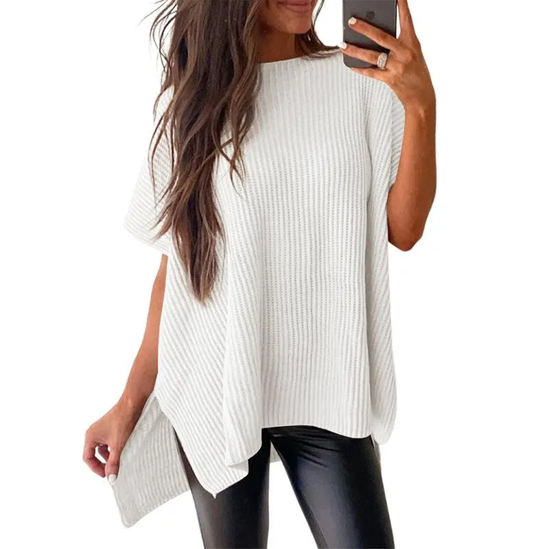 Women’s Oversized Knit Top – Casual Crew Neck Short Sleeve Sweater with Side Slit