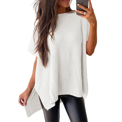 Women’s Oversized Knit Top – Casual Crew Neck Short Sleeve Sweater with Side Slit