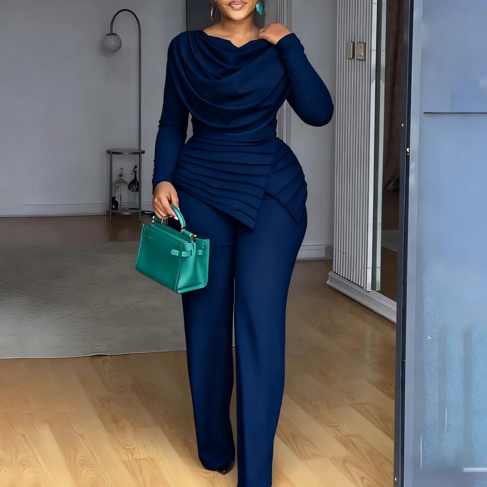 Cowl Neck Asymmetrical Patchwork Ruched Jumpsuit