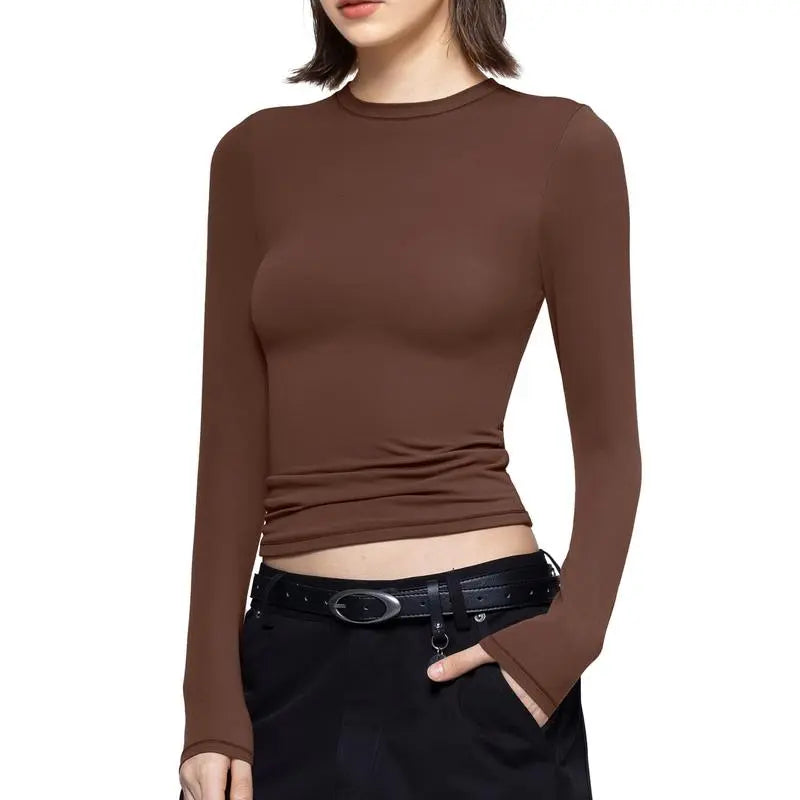Long Sleeve Basic Tee Women's Crew Neck Slim Fit Tops Streetwear Minimalist Double Layer Compression Tee