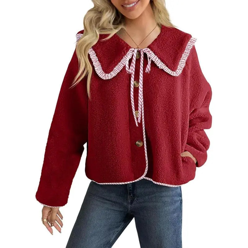 Womens Fuzzy Fleece Jacket Peter Pan Collar Button Down Fall Winter Sherpa Coats