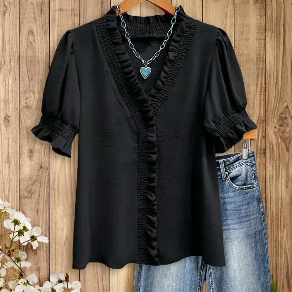 Ruffle Trim V - Neck Blouse