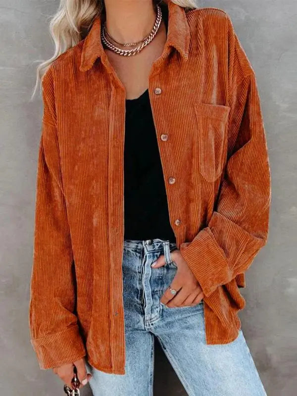 Plain Pocket Button Front Corduroy Shirt