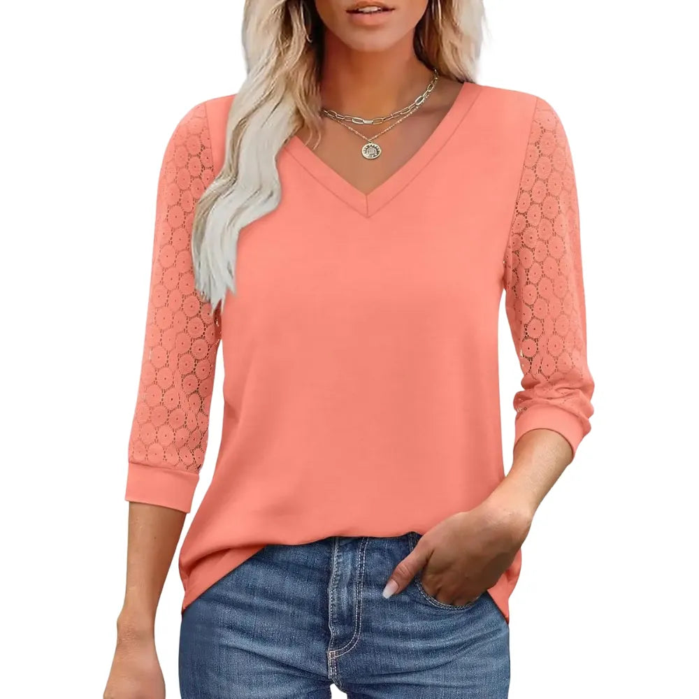 3/4 Long Sleeve V-Neck Lace Tunic