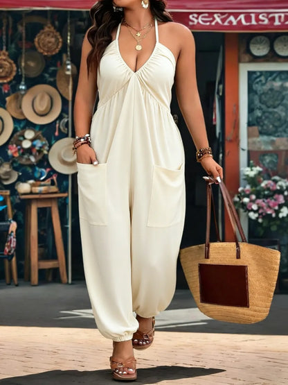 【Plus Size】 Solid Color Pocket Jumpsuit