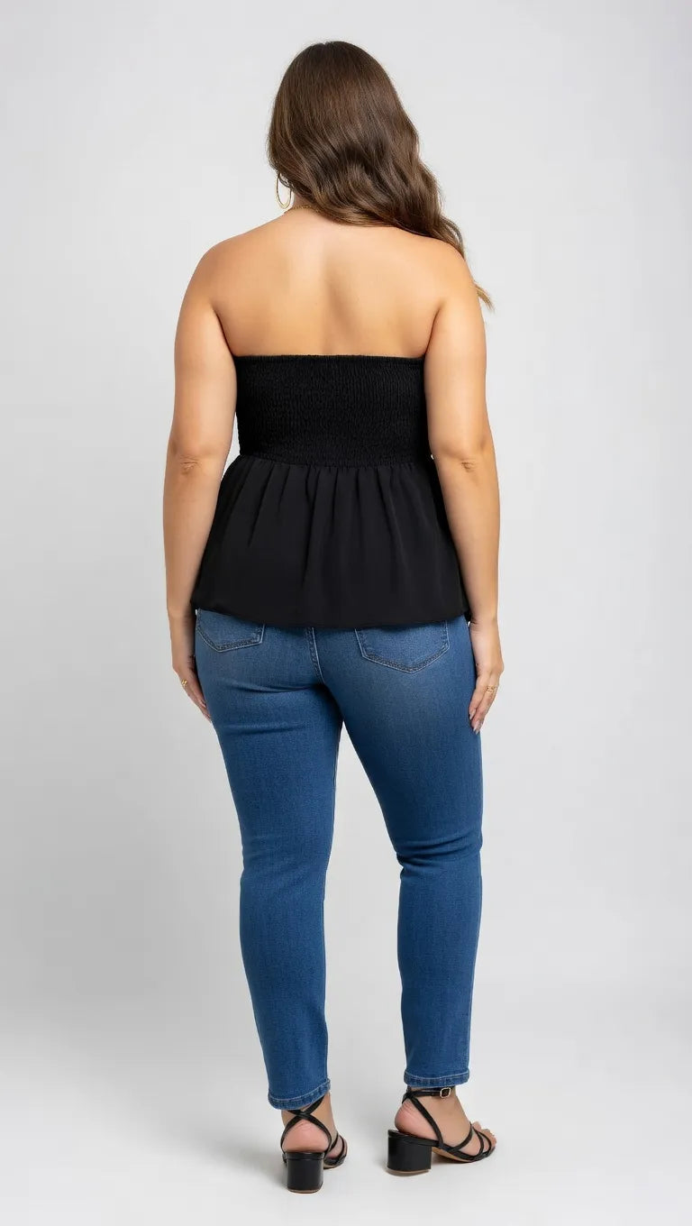 Plus Size Solid Ruffle Hem Shirred Tube Top