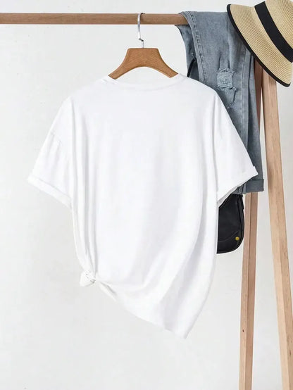 Women's Solid Round Neck Tee, Casual Short Sleeve Crew Neck T-Shirt for Summer