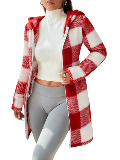 Plaid Fleece Long Sleeve Hooded Coat