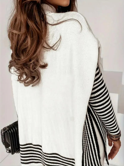Striped Patchwork Print Batwing Sleeve Split Hem Sweater