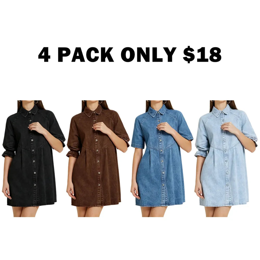 3/4 Lantern Sleeve Babydoll Mini Jean Denim Shirt Dress