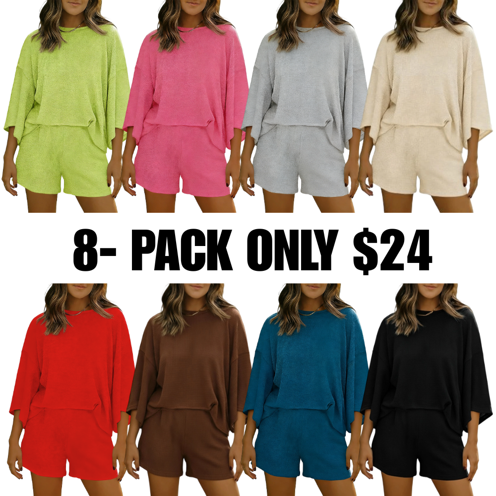 Womens Short Sets 2 Piece Sleeve Tops and Elastic Waist Shorts