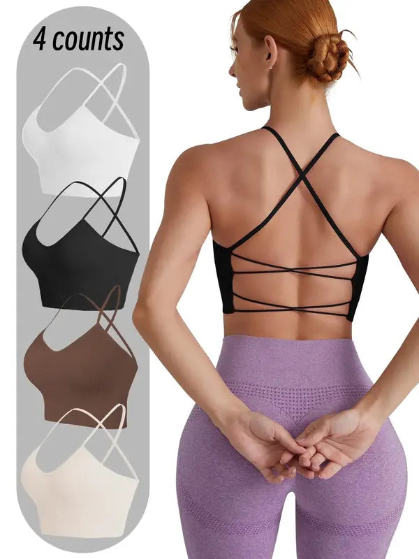 Women's 4pcs Solid Criss Cross Backless Sports Bra