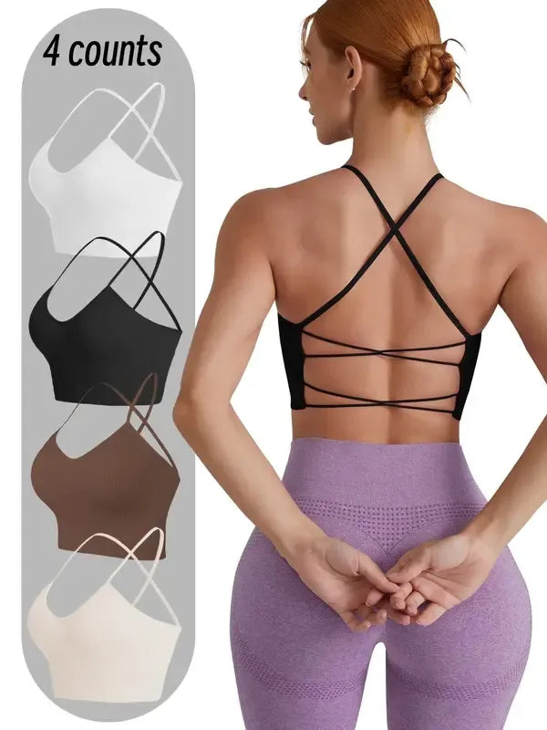 Women's 4pcs Solid Criss Cross Backless Sports Bra