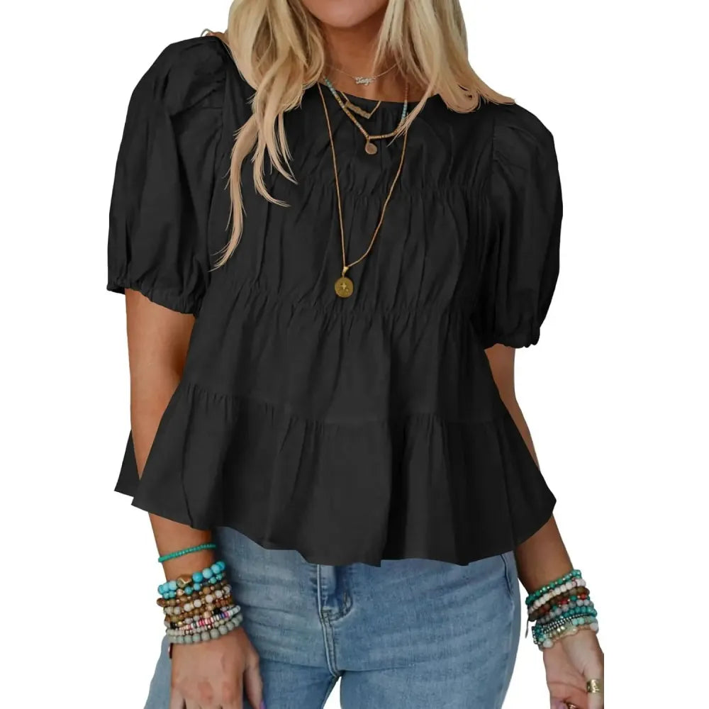 Puff Sleeve Peplum Babydoll Tops