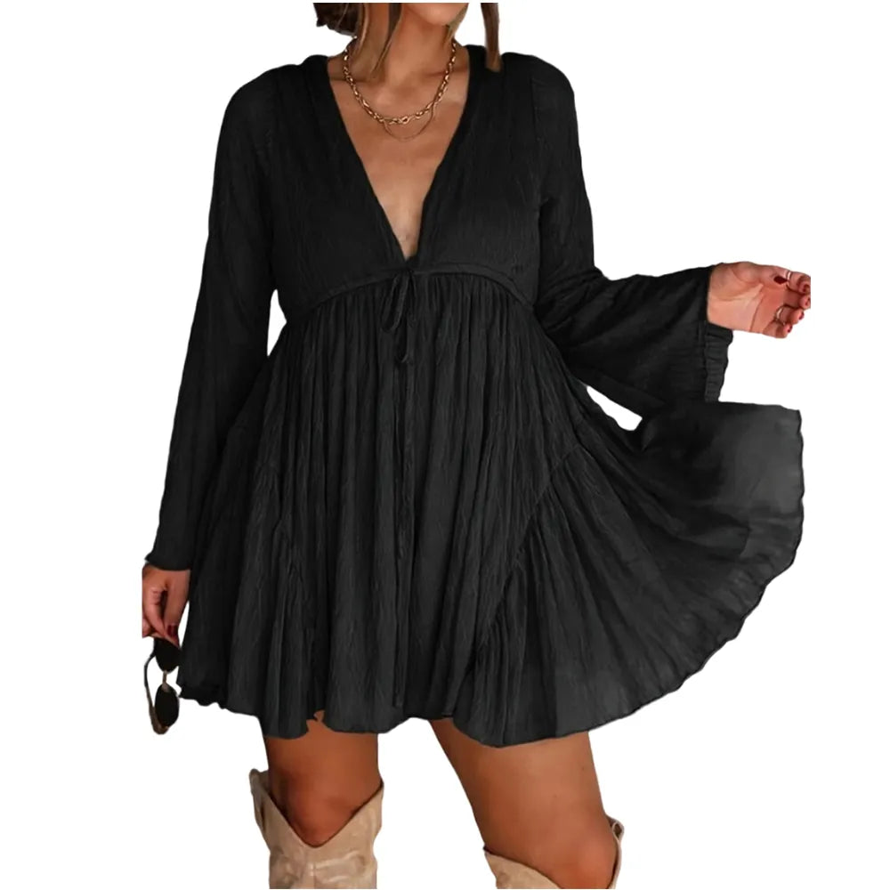 Women's V Neck Long Sleeve Mini Dress