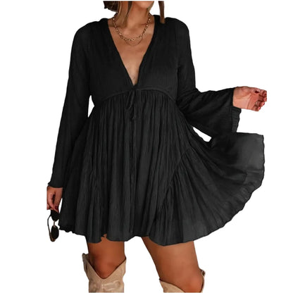 Women's V Neck Long Sleeve Mini Dress
