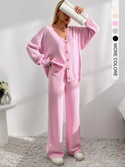 Women's Solid V Neck Cardigan & Elastic Waist Wide Leg Pants Two-piece Set