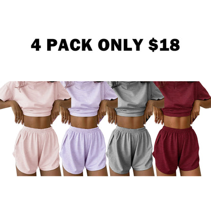 Women's Striped Print Drop Shoulder Tee & Wrap Split Shorts Pyjama Set