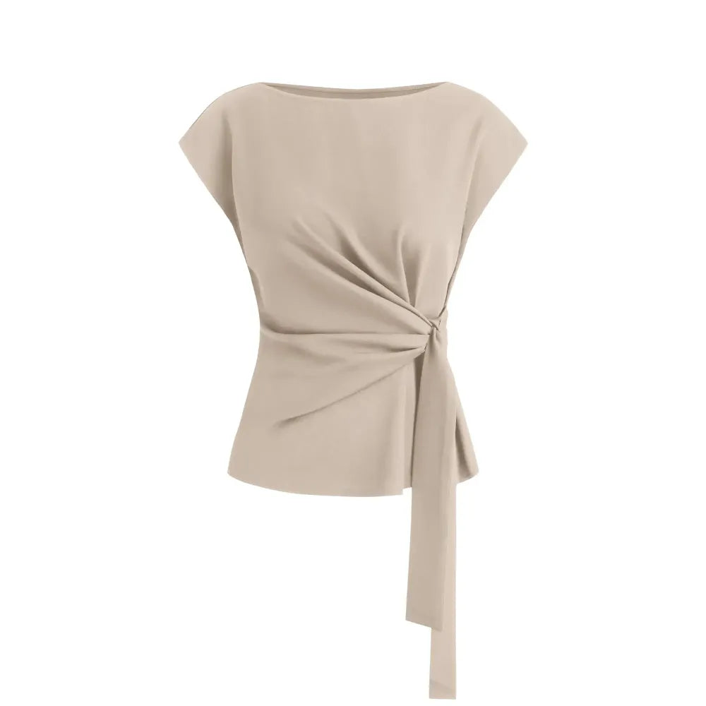 Womens Tops  Cap Sleeve Crew Neck Tie Waist Blouses