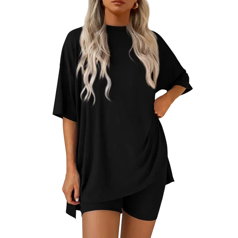 Women's two-piece set: slit-hem shirt paired with shorts