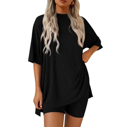 Women's two-piece set: slit-hem shirt paired with shorts